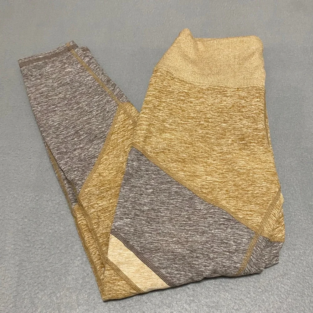 Alo Yoga Womens M Colorblock High Waist Leggings Yellow Brown Heathered Active